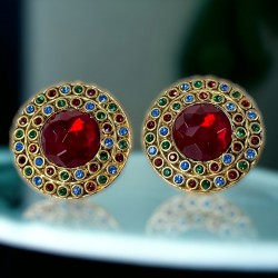 Vintage French Runway Style Red Cabochon Rhinestone Earrings