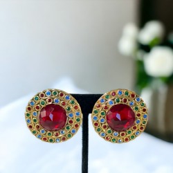 Vintage French Runway Style Red Cabochon Rhinestone Earrings