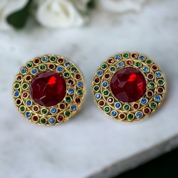 Vintage French Runway Style Red Cabochon Rhinestone Earrings