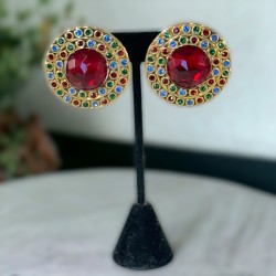 Vintage French Runway Style Red Cabochon Rhinestone Earrings