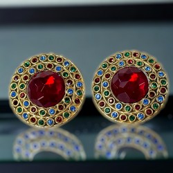 Vintage French Runway Style Red Cabochon Rhinestone Earrings