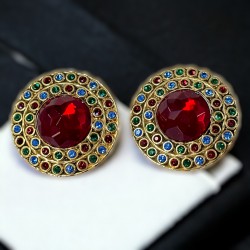 Vintage French Runway Style Red Cabochon Rhinestone Earrings