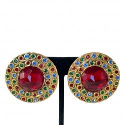 Vintage French Runway Style Red Cabochon Rhinestone Earrings