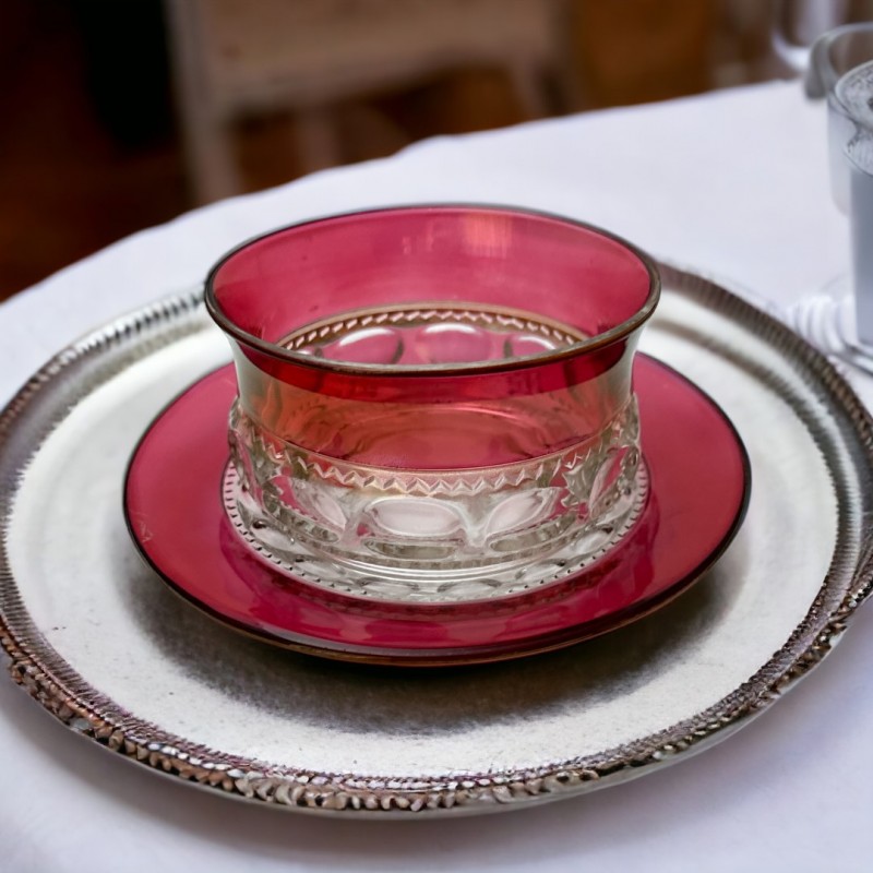 Vintage Tiffin Franciscan Kings Crown Ruby Thumbprint Dessert Bowl and Plate Set of 2