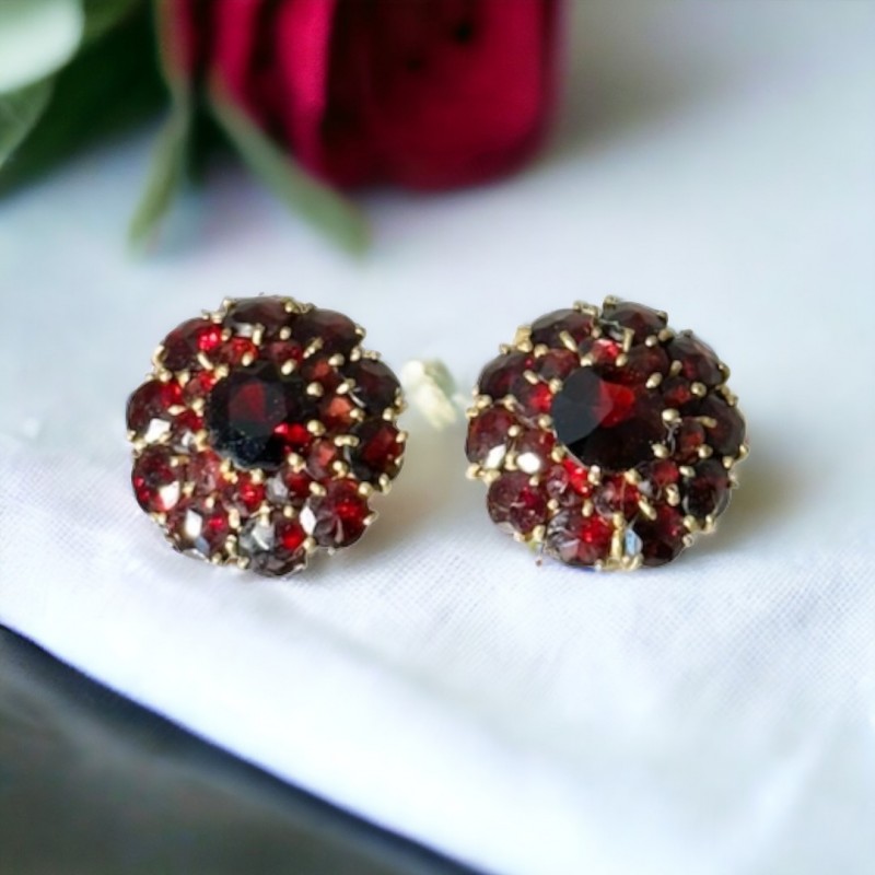 Antique Victorian Bohemian Rose Cut Garnet Cluster Earrings