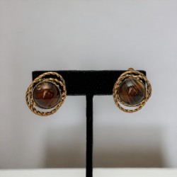 Vintage German Brown Porphyry Glass Brass Clip-On Earrings