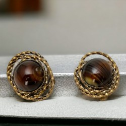 Vintage German Brown Porphyry Glass Brass Clip-On Earrings