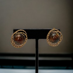 Vintage German Brown Porphyry Glass Brass Clip-On Earrings