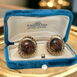 Vintage German Brown Porphyry Glass Brass Clip-On Earrings