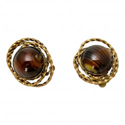 Vintage German Brown Porphyry Glass Brass Clip-On Earrings