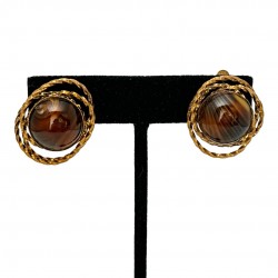 Vintage German Brown Porphyry Glass Brass Clip-On Earrings