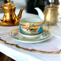 Vintage Japan Moriage Gold & Blue Landscape Porcelain Tea Cup and Saucer Set