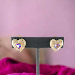 Vintage Coro Raspberry AB Rhinestones & Brushed Gold Tone Heart Clip-on Earrings