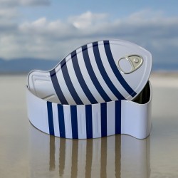 French Coastal Charm Blue Stripes Fish-Shaped Tin Box