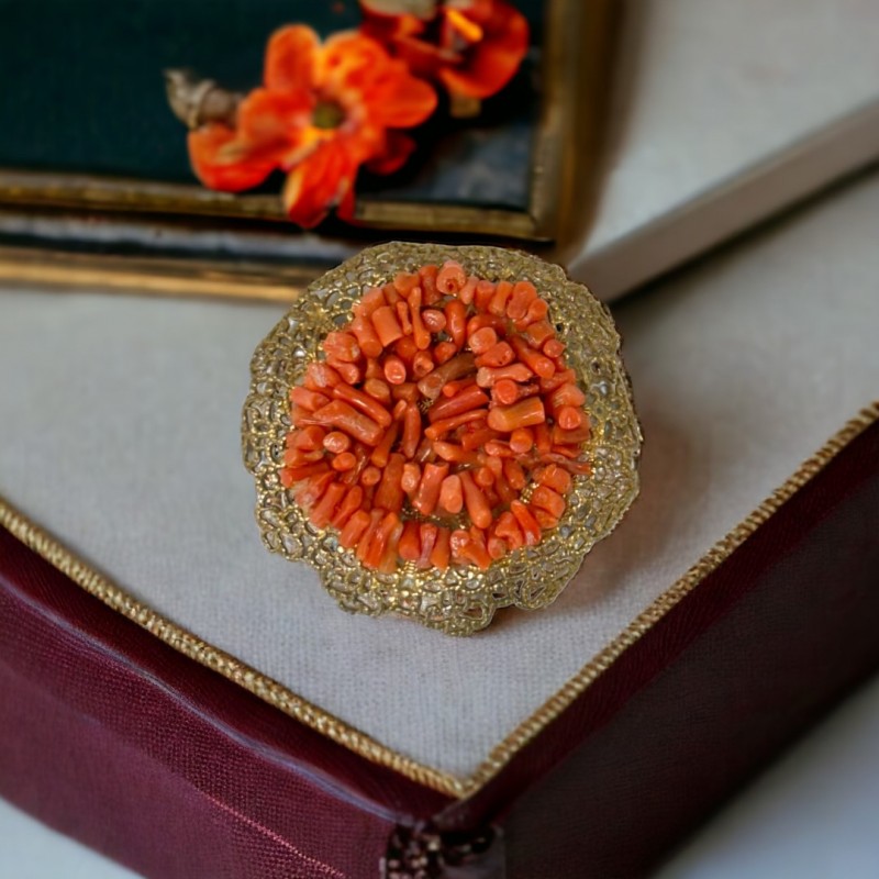 Elegant Vintage Czech Brass Filigree & Coral Branch Brooch