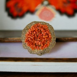 Elegant Vintage Czech Brass Filigree & Coral Branch Brooch