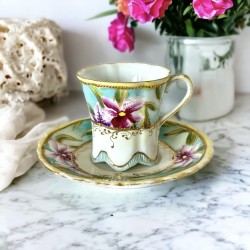 Vintage Ornate Purple Lilies & Gold Espresso Coffee Demitasse Cup and Saucer Set