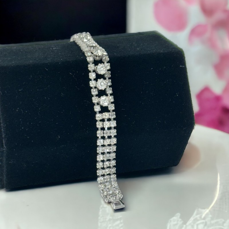 Vintage Charm: 1960s Clear Rhinestones Silver Tone 3-Strand Bracelet