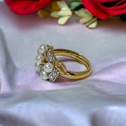 Vintage Signed Avon White Faux Pearls & Clear Rhinestones Gold Tone Floral Ring