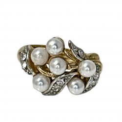 Vintage Signed Avon White Faux Pearls & Clear Rhinestones Gold Tone Floral Ring