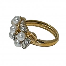 Vintage Signed Avon White Faux Pearls & Clear Rhinestones Gold Tone Floral Ring