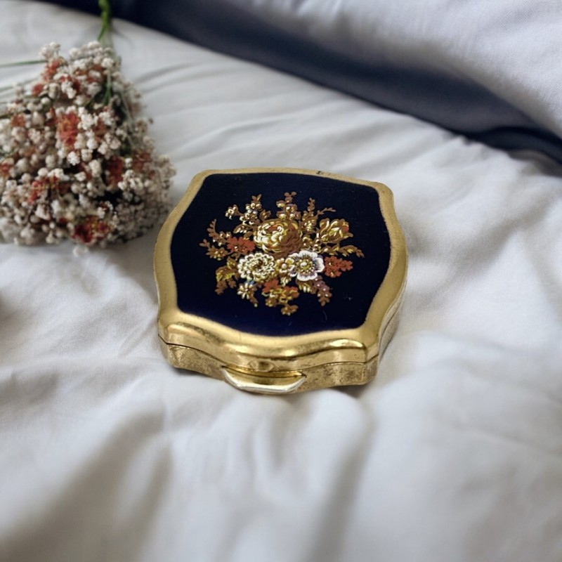 Stratton Vintage  Dark Blue Enamel & Autumn Floral Design Mini Pill Box