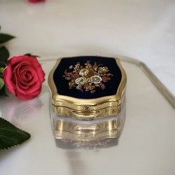 Stratton Vintage  Dark Blue Enamel & Autumn Floral Design Mini Pill Box