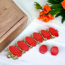 Vintage Orange Thermoset Plastic Bracelet and Clip-On Earrings Set