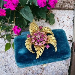 Vintage Lisner Pink Rhinestone & Gold Tone Floral Brooch