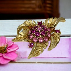 Vintage Lisner Pink Rhinestone & Gold Tone Floral Brooch