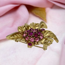 Vintage Lisner Pink Rhinestone & Gold Tone Floral Brooch