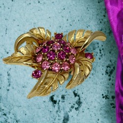 Vintage Lisner Pink Rhinestone & Gold Tone Floral Brooch