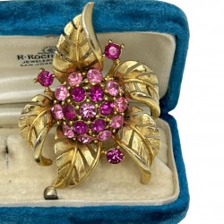 Vintage Lisner Pink Rhinestone & Gold Tone Floral Brooch