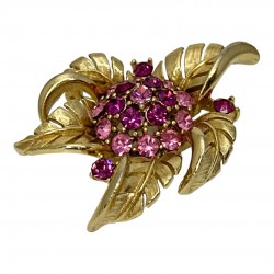 Vintage Lisner Pink Rhinestone & Gold Tone Floral Brooch