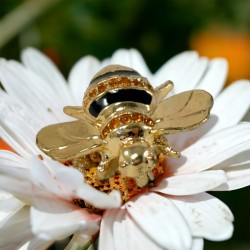 Vintage Black Enamel Topaz Rhinestone & Gold Tone Bumblebee Brooch