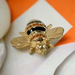 Vintage Black Enamel Topaz Rhinestone & Gold Tone Bumblebee Brooch