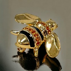 Vintage Black Enamel Topaz Rhinestone & Gold Tone Bumblebee Brooch