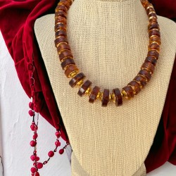 Vintage 1960s West Germany Honey & Gold Tone Faux Tortoise Shell Beads Necklace