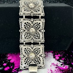 Vintage Celebrity Filigree Silver Tone Panel Bracelet