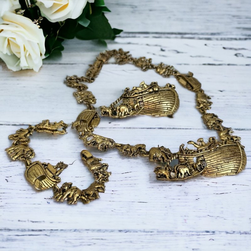 Vintage Noah's Ark Antiqued Gold Tone Links Jewelry Set