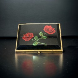 Vintage 1950s Reverse Carved Lucite Gold Tone Cigarette Case | Red Roses & Green Leaves