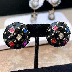 Vintage 1990s Black Enamel & Multicolor Rhinestones Clip-on Earrings