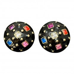 Vintage 1990s Black Enamel & Multicolor Rhinestones Clip-on Earrings