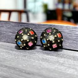 Vintage 1990s Black Enamel & Multicolor Rhinestones Clip-on Earrings