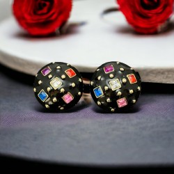 Vintage 1990s Black Enamel & Multicolor Rhinestones Clip-on Earrings