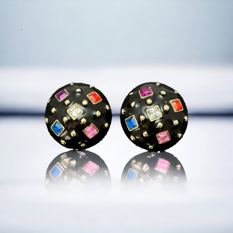 Vintage 1990s Black Enamel & Multicolor Rhinestones Clip-on Earrings