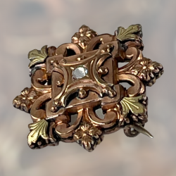 Antique French Rose & Yellow Gold Plated Ornate Floral Brooch