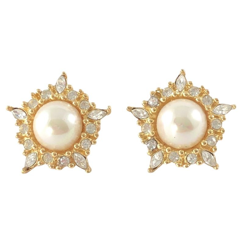 Vintage Christian Dior Pearl & Rhinestones Gold Tone Star Clip-on Earrings
