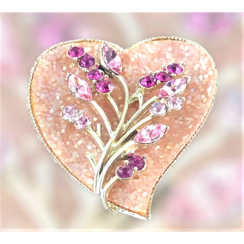 Vintage Coro Pink Rhinestones & Light Gold Tone Heart Brooch