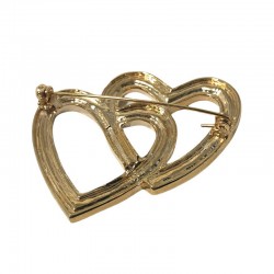 Vintage Signed Roman Double Interlocking Hearts Rhinestone Gold Tone Brooch